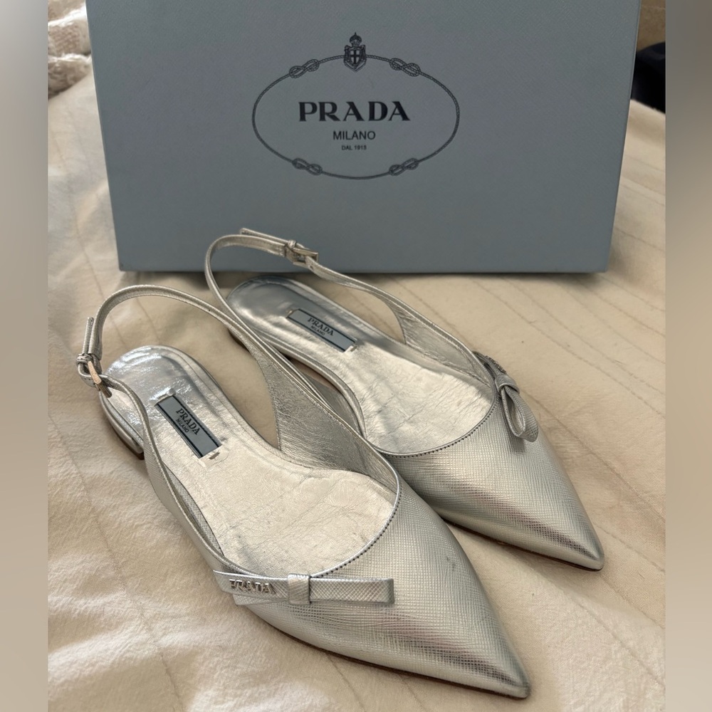 Prada Women's Metallic Silver Pointed Flats